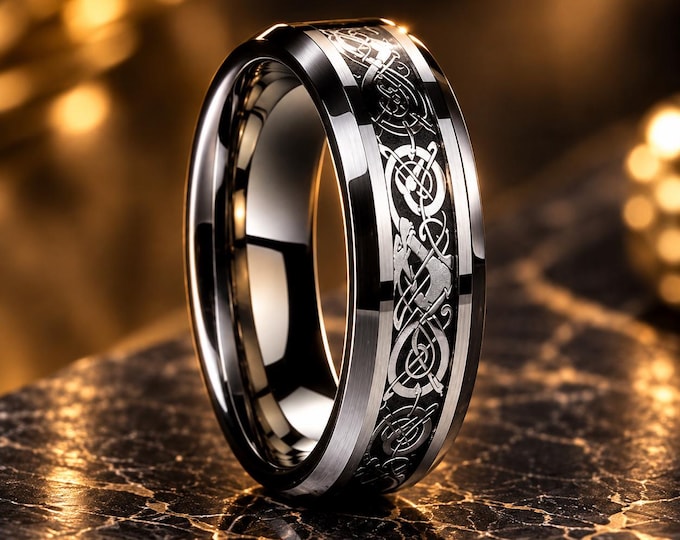 Personalized 6mm Silver Tungsten Wedding Band, Celtic Dragon Engraved Statement Ring with Meteorite Inlay, Custom Rustic Anniversary Ring