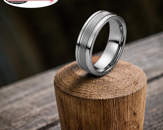 Personalized Brushed Tungsten Wedding Band 8mm, Custom Engraved Ring, Grooved Tungsten Carbide Ring, Couples Anniversary Promise Gift