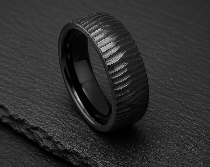 Rustic Black Tungsten Ring with Tree Bark Engraving, Textured Wedding Band for Him, Durable Men's Wedding Ring, Woodland-Inspired Jewelry