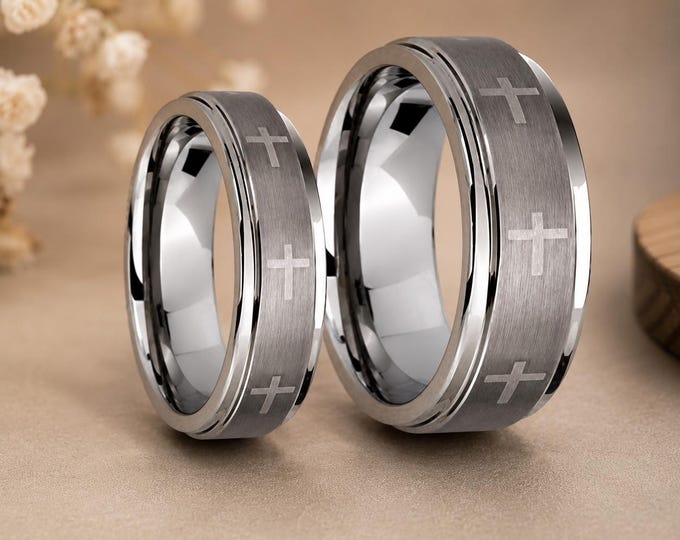 Christian Cross Tungsten Ring for Men, Brushed Carbide Personalized Wedding Band, Faith Engraved Religious Promise Ring for Women