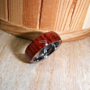 Titanium Ring with Hawaiian Koa Wood, Custom Engraved Women&#39;s Ring, 6mm Dome Wedding Band for Men, Personalized & Durable Comfort Fit Ring