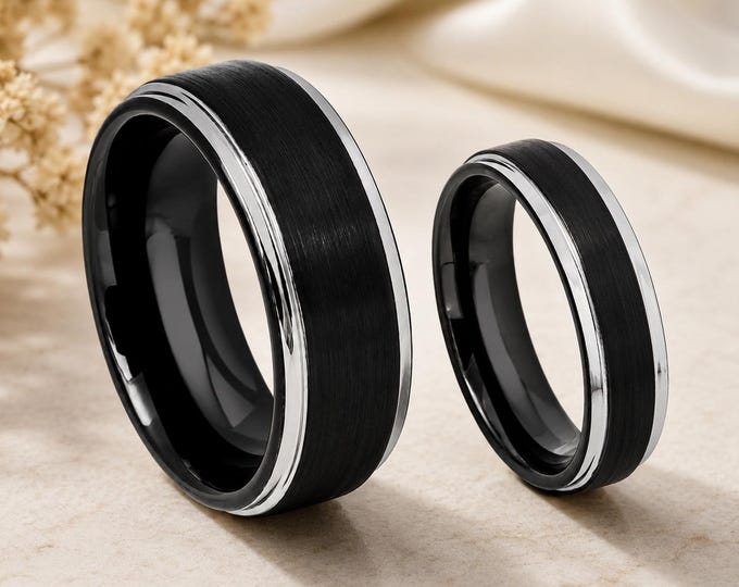 Personalized Black Plated Tungsten Wedding Bands, Brushed Silver Step Edge Rings, Custom Engraved Couple Wedding Rings Anniversary Gift