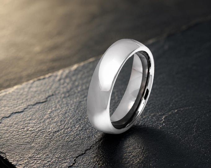 Custom Engraved 6mm Tungsten Carbide Ring, Shiny Polished Dome Wedding Band, Personalized His & Hers Anniversary Gift for Couples