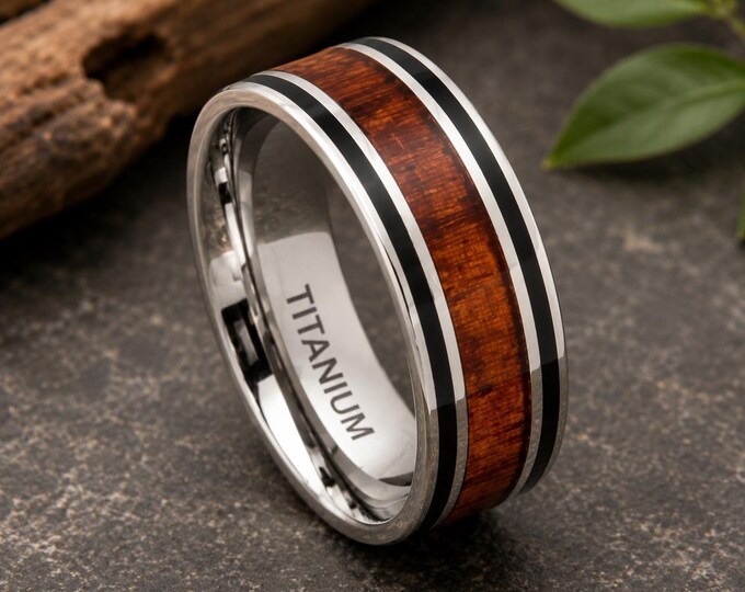 Personalized Titanium Wedding Ring with Koa Wood Inlay, Custom Engraved 8mm Band, Men's Wedding Band, Anniversary Comfort Fit Promise Ring