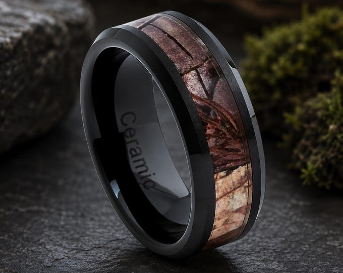 8mm Tungsten Black Ceramic Ring, Carbide Camo Hunting Ring for Men, Forest Camo Inlay Camouflage Band, Hunter Comfort Fit Wedding Band