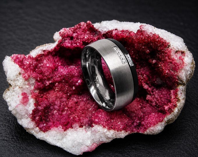 Custom Engraved Titanium Wedding Band, Black & Gunmetal Ring with CZ Stone, Personalized Promise Ring, Wedding Band Anniversary Gift