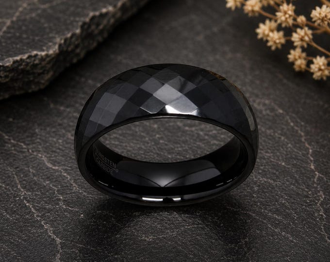 Custom Engraved Black Tungsten Wedding Band, Facet Cut Dome Ring, Personalized Wedding Ring Unique Gift, Matte Finish Promise Ring