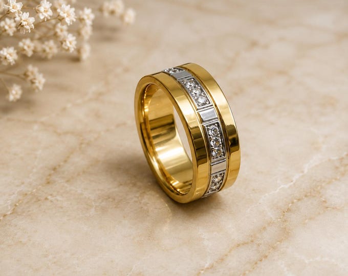 Custom Engraved Gold Plated Titanium Wedding Band with CZ Stones, Personalized Promise Ring, Comfort Fit Anniversary Gift Wedding Ring