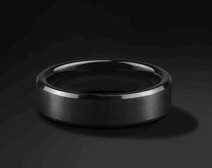 Custom Engraved Dainty 6mm Ring, Black Tungsten Wedding Band, Beveled Edge Men's Ring for Anniversary Promise or Engagement Gift
