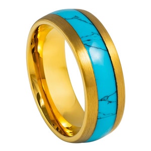 Personalisierte Lasergravur Ring für Männer und Frauen gewölbt Gelb Gold überzogen Blau Türkis Inlay Ehering Ringe für Paare