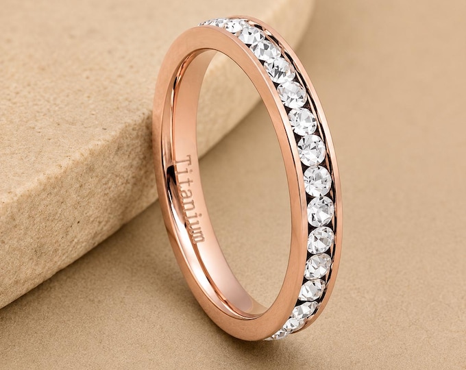 Personalized Rose Gold Titanium Eternity Ring, Custom Engraved Wedding Promise Ring, Cubic Zirconia Anniversary Band, Bridal Stackable Ring