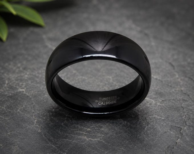Custom Laser Engraved Ring, Black Tungsten Carbide Wedding Ring, 8mm Personalized Dome Band, Comfort Fit Anniversary Promise Ring Gift