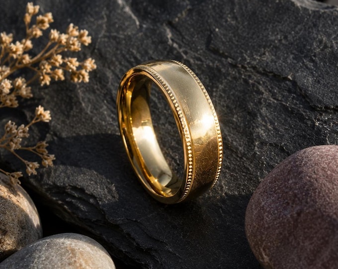 Personalized Engraved 8mm Titanium Gold Plated Wedding Band, Domed Migraine Design Ring, Custom His & Hers Promise Ring, Anniversary Gift