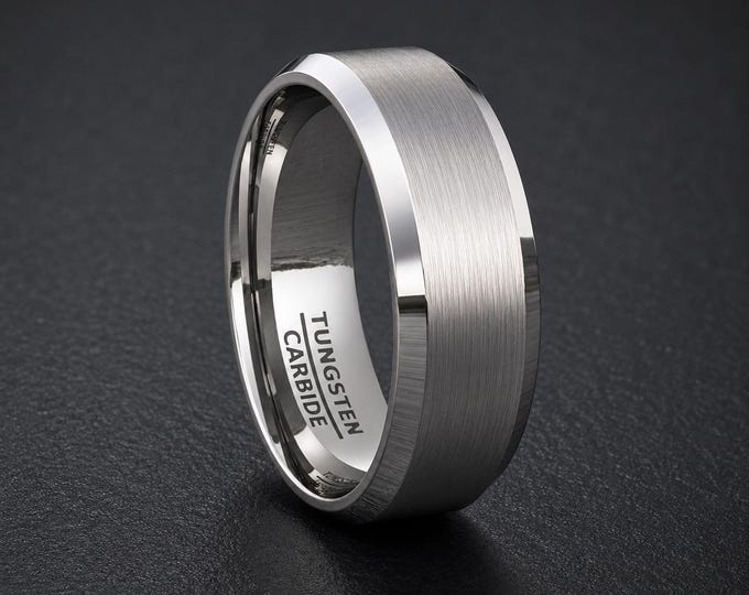 Personalized Tungsten Carbide Wedding Band, Custom Engraved Brushed Center Beveled Edge Ring, Comfort Fit Anniversary Ring His Hers Matching