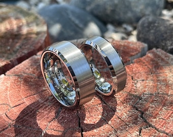 Custom Engraved Tungsten Wedding Band Set, Brushed Beveled Edge