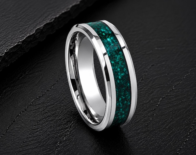 Custom Engraved Tungsten Ring with Green Agate Inlay, Beveled Edge Wedding Band, Personalized Men's Wedding Ring, Unique Promise Ring Gift