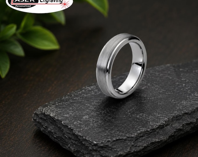 Custom Engraved 6mm Tungsten Carbide Wedding Band, Brushed Center Comfort Fit Anniversary Ring, Personalized Promise Ring, Gift for Couples