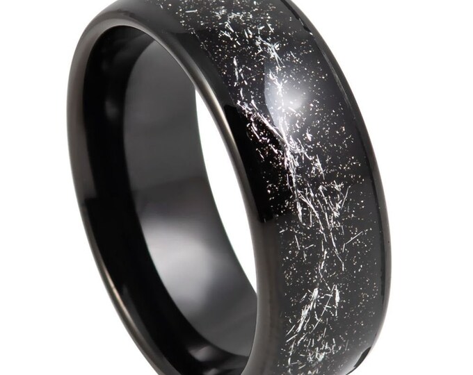 Personalized Engraving  8mm Black Tungsten imitation Meteorite Black Inlay  | Engagement Anniversary | Wedding Band Ring for Men Or Women