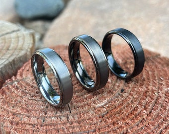 Custom 6mm Tungsten Ring, Black or Gunmetal Finish Ring Modern Jewelry, Brushed Center Step Edge Ring, Personalized Men's Wedding Band