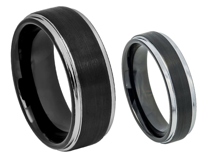Black Plated and Brushed Silver Step Edge Rings, Personalised 8mm/6mm Set, Custom His & Hers Tungsten Wedding Bands, Unique Wedding Ring
