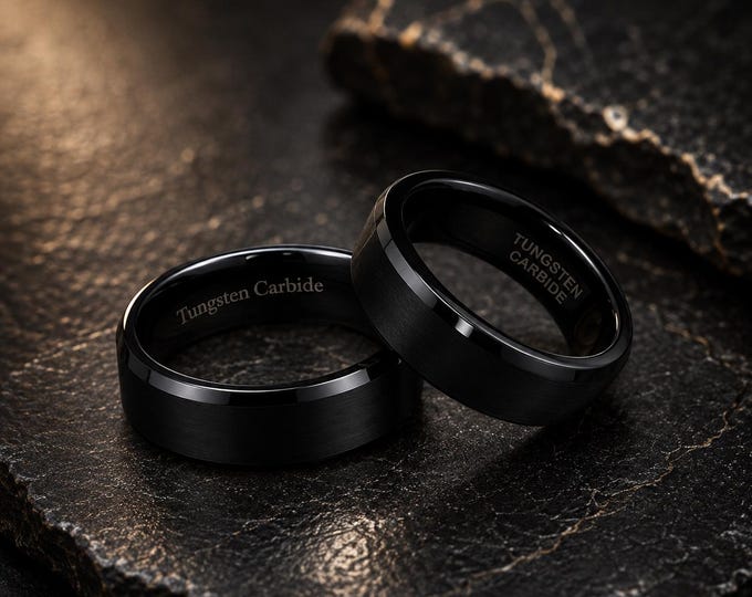 Personalized Black Tungsten Ring, Custom Engraved Beveled Wedding Band, 8mm Couples Promise Ring, Comfort Fit Anniversary Wedding Ring