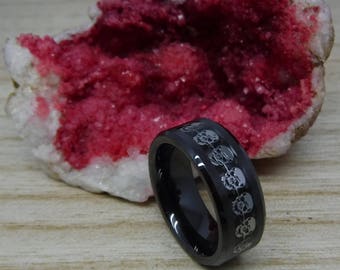 Engraved Black Ceramic Skull Inlay Ring – Beveled Wedding Band