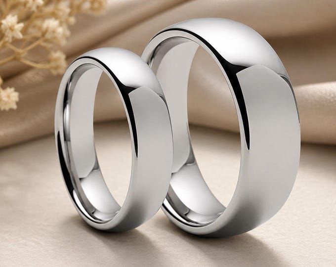 Personalized Tungsten Wedding Bands Set for Couples, Custom Engraved 6mm & 8mm Dome Rings, Matching Promise Rings for Him and Her