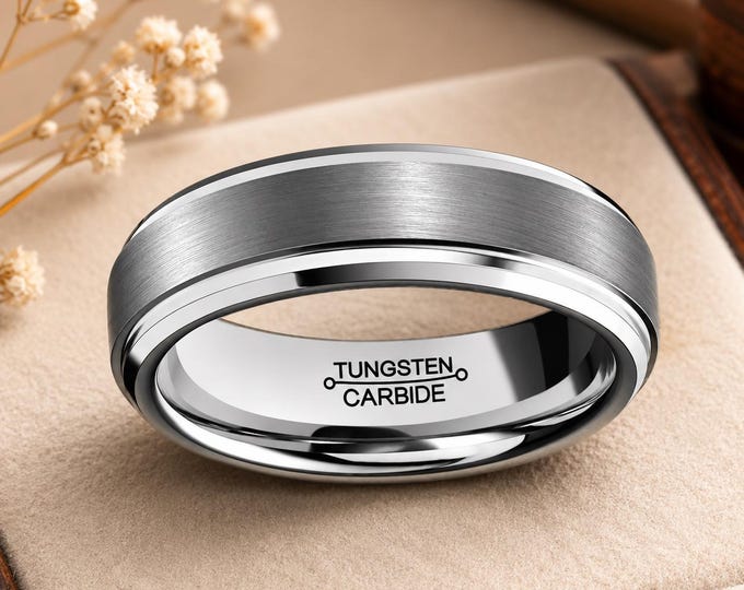 Personalized Engraved 6mm or 8mm Ring, Brushed Tungsten Carbide Step Edge Wedding Band, Custom Anniversary Promise Ring Gift Engraving