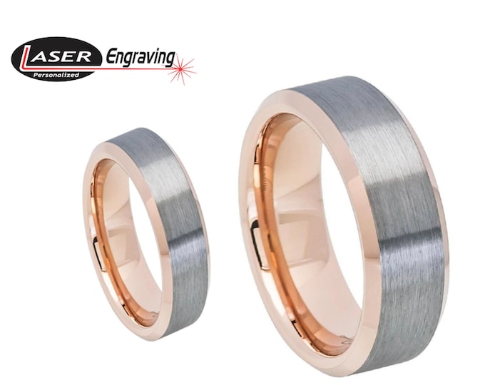 Personalized - Two Tone Rose Gold Tungsten Wedding Band Set, 6mm-8mm Beveled Tungsten Wedding Rings, Bride and Groom Ring, Anniversary Rings