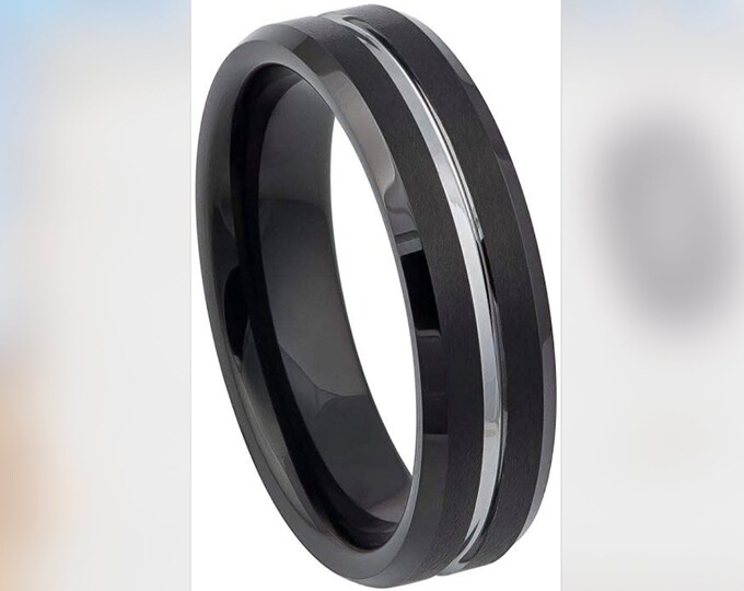 Personalized Engraving - 8mm or 6mm Black With Silver Line Tungsten Carbide | Engagement Anniversary | Wedding Band Ring for Men Or Women