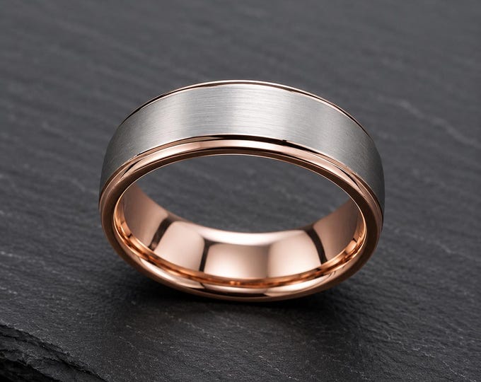 Custom Engraved Tungsten Wedding Band, Rose Gold Brushed Finish Personalized Ring, Durable Scratch-Resistant Couple Promise Jewelry Gift