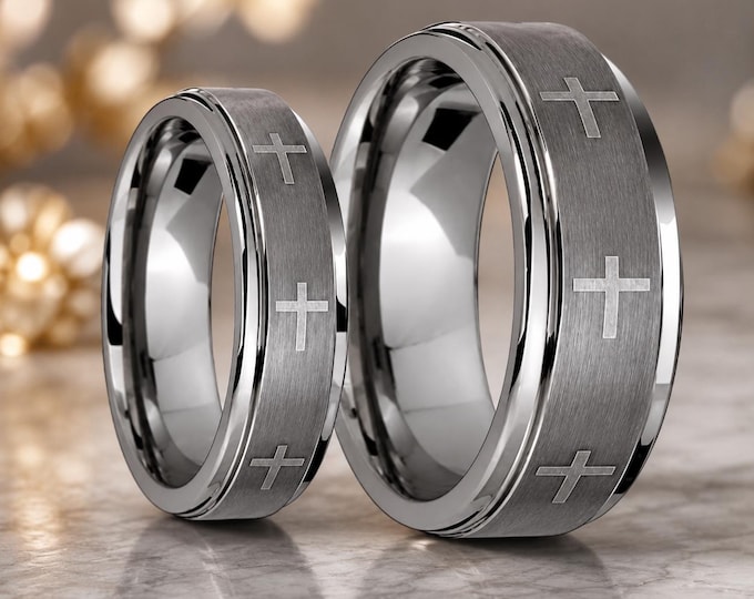 Personalized Christian Cross Tungsten Ring, Brushed Finish Wedding Band, Custom Engraved Carbide Ring, Faith Inspired Anniversary Gift