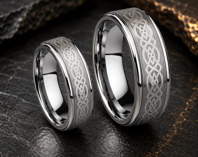 Custom Celtic Knot Tungsten Ring, Loyal Wedding Band with Step Edge Anniversary Ring, Unique Symbolic Engagement Band, Personalized Jewelry