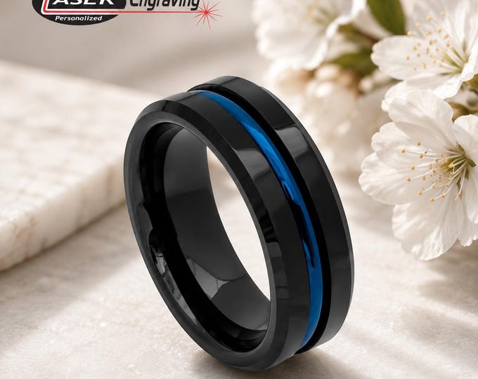 Black Tungsten Wedding Band 8mm, Custom Engraved Ring, Blue Groove Comfort Fit, Personalized Wedding Band, Anniversary Promise Ring