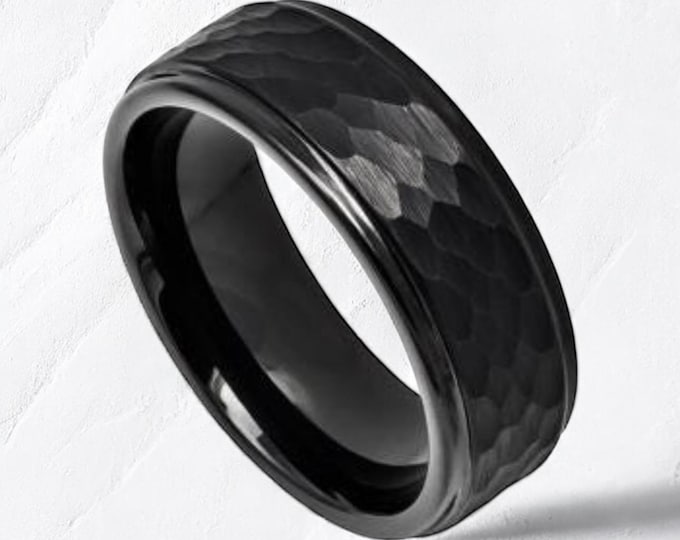Personalized 8mm Black, Silver, Gun Metal  or Gold Hammered Tungsten Carbide  | Engagement Anniversary | Wedding Band Ring for Men Or Women