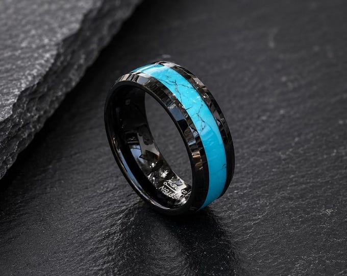Personalized Engraved Ring, 8mm Black Tungsten Carbide Ring with Blue Turquoise Inlay, Custom Wedding Band, Comfort Fit Promise Ring