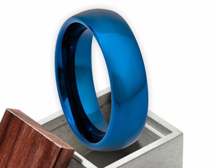 Custom Personalized Laser Engraved 6mm Blue Shiny Tungsten Carbide | Engagement Anniversary | Wedding Band Ring for Men Or Women