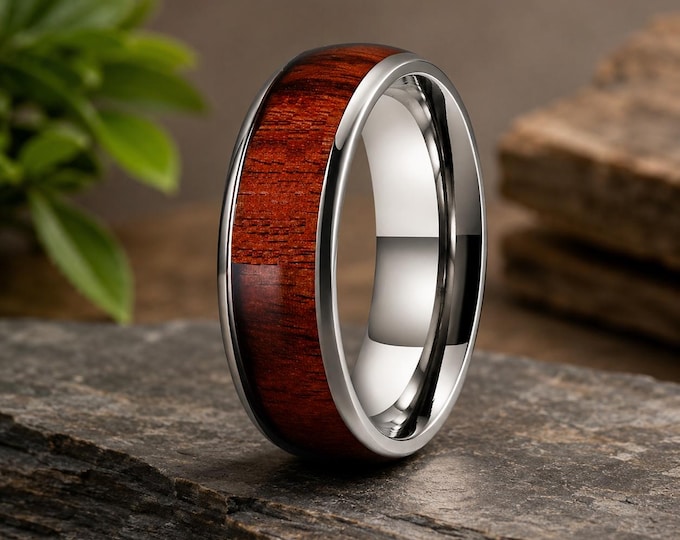 Personalized Titanium Ring with Hawaiian Koa Wood Inlay, Custom Engraved Wedding Band, Comfort Fit Anniversary Gift, Rustic Promise Ring