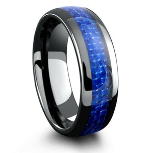8mm Black Ceramic Ring with Blue Carbon Fiber Inlay, Personalized Wedding Band for Him or Her, Custom Laser Engraved Promise Ring