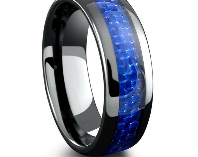 8mm Black Ceramic Ring with Blue Carbon Fiber Inlay, Personalized Wedding Band for Him or Her, Custom Laser Engraved Promise Ring