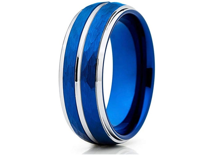 Tungsten Ring Men, Wedding Band Ring Men, Wedding Band Women, Engagement Ring Anniversary Gift, Blue Tungsten Ring 8mm with Brushed Hammered