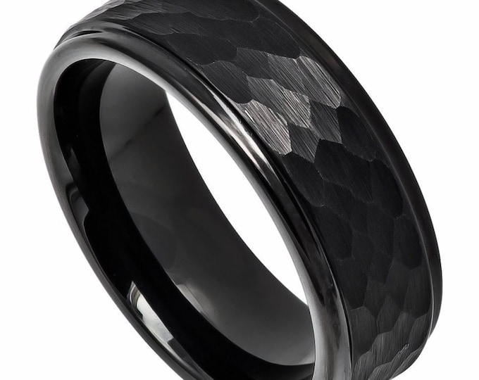 Tungsten Carbide Ring, 8mm Hammered Step Edge Wedding Band, Personalized Men's Engagement Ring, Custom Engraved Black Timeless Gift