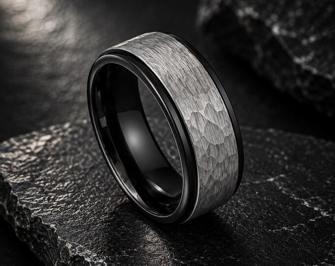Engraved Black Tungsten Ring, Silver Hammered Wedding Band, 8mm Comfort Fit, Personalized Anniversary Gift