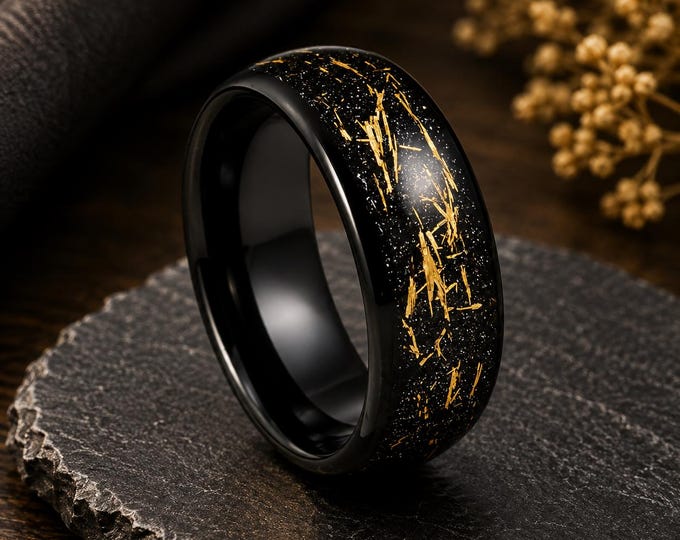 Personalized Engraved 8mm Black Tungsten Ring, Imitation Meteorite & Yellow Gold Inlay Wedding Band, Custom Laser Engraving Promise Ring