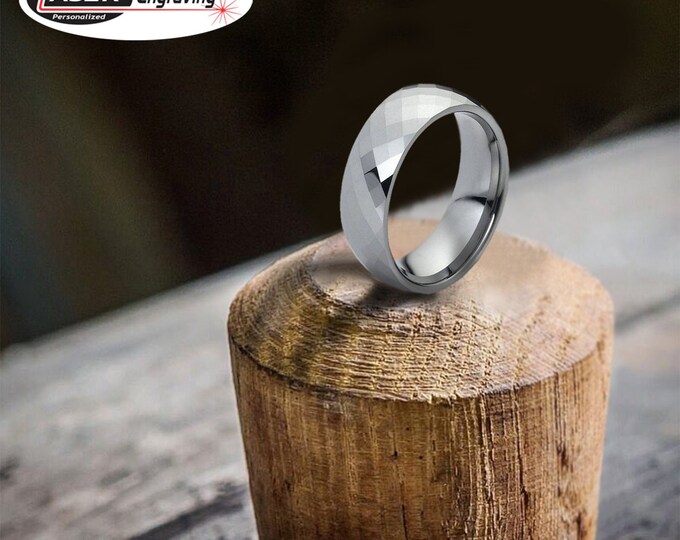 Personalized Engraving - 8mm Tungsten Carbide Domed Facet Cut | Engagement Anniversary | Wedding Band Ring for Men Or Women
