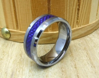 Personalized Tungsten Wedding Band, Blue Carbon Fiber Inlay, Engraved Ring