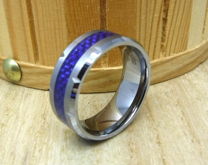 Personalized Tungsten Wedding Ring for Him, 10mm Blue Carbon Fiber Inlay with Custom Laser Engraving, Men's Durable Band Modern Jewelry