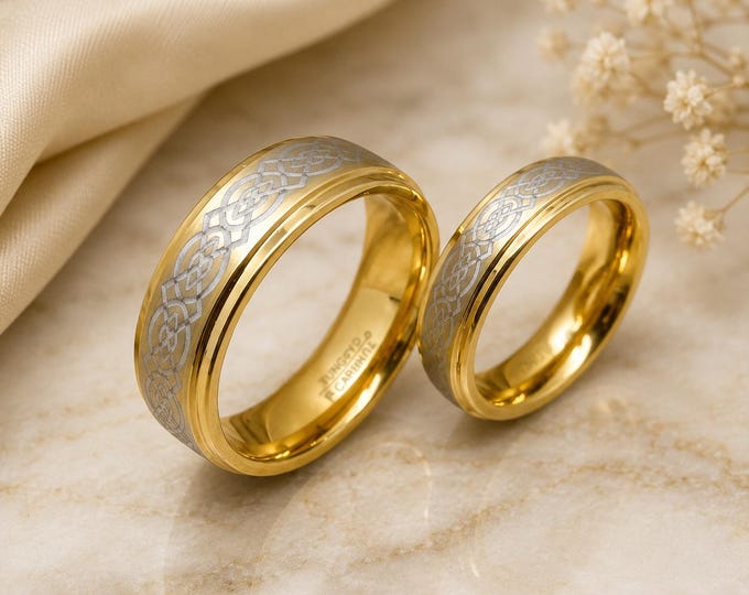 Personalized Celtic Wedding Ring Set, Gold Tungsten Bands, Custom Engraved Ceramic Wedding Rings, His and Hers Matching Bands for Couples