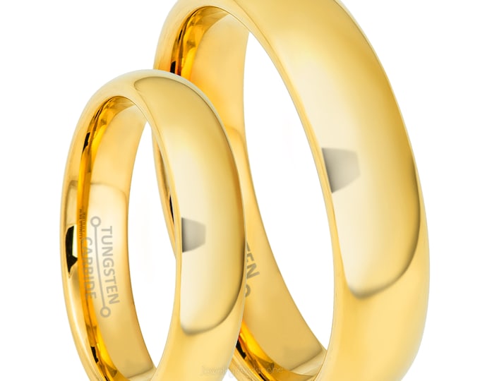 Custom Laser Engraving Ring - 8mm/6mm Tungsten Carbide Classic Yellow Gold Plated Wedding Band Ring Set Gift for Her & Gift for Him