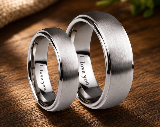 Custom Engraved Tungsten Carbide Couple Rings Set, 8mm & 6mm Silver Brushed Step Edge Bands, Personalized Promise Rings, Dainty Bands Gift